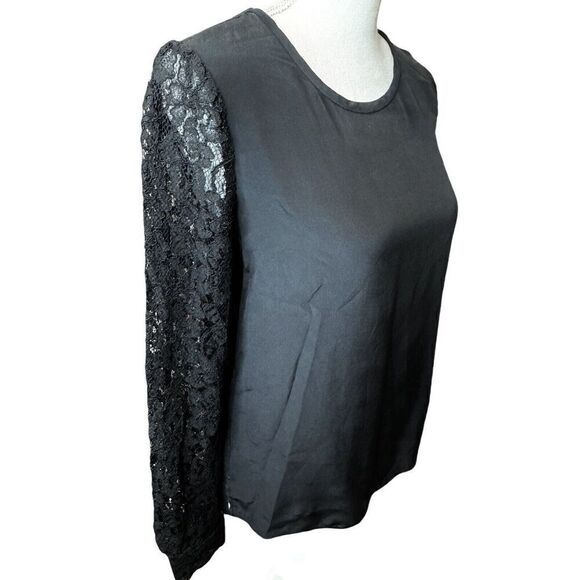 Diane Von Furstenberg 100% Silk Blouse With Lace Sleeve Black High Low Size 6 - Picture 3 of 6